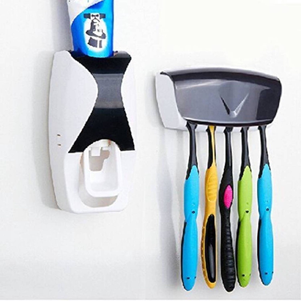 Toothbrush Holder Toothpaste Dispenser Set Dustproof with Super Sticky Pad 