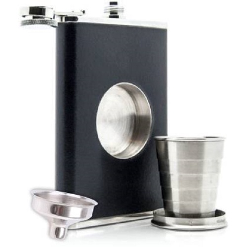 NEW 8 oz Stainless Steel FLASK  Leather Wrapped SS Funnel & Shot Glass Built In 