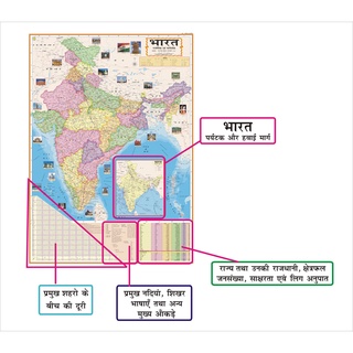 India Political Map Hindi ( Bharat Rajnaitik ) : Paper Print : Size 28 