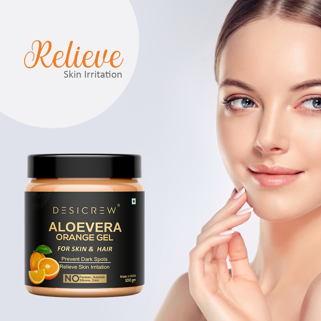 Desi Crew Pure Aloe Vera Orange Gel Great for Face, Sunburn Relief