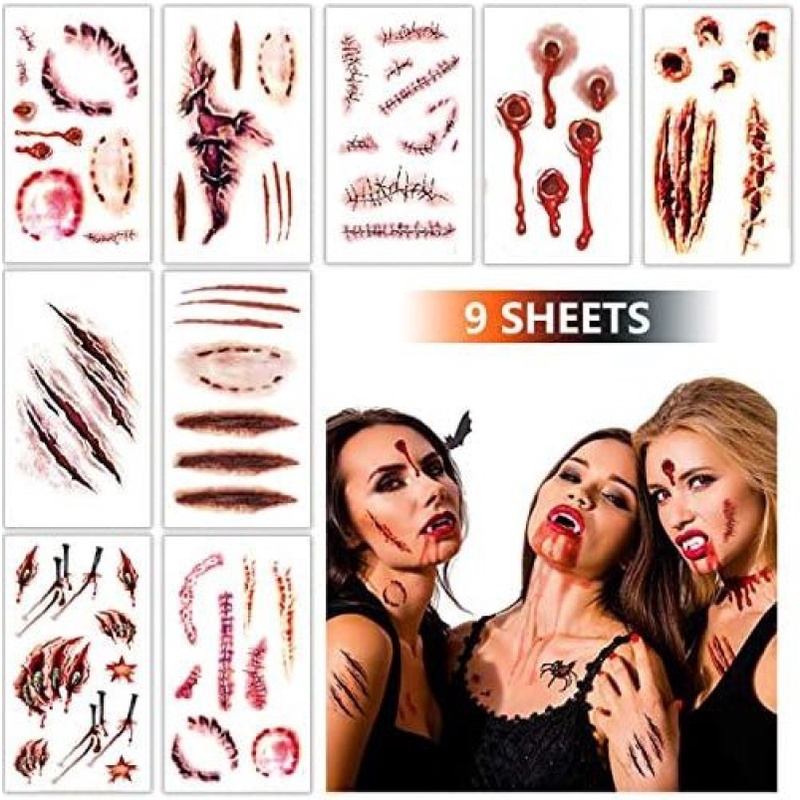 10 10pcs Horror Realistic Fake Bloody Wound Stitch Scar Scab Waterproof Temporary Tattoo Sticker Halloween Masquerade Prank Makeup Props 