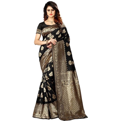 Banarasi Silk Blend Jacquard Woven Golden Zari Butta Saree With Blouse  Piece black | Shopee India