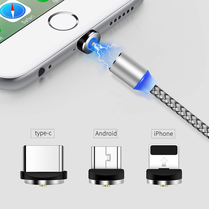 Magnétique Câble USB Chargeur avec LED Light USB Type C Micro 3 adaptateurs Câble Charge Rapide/NO Synchro Magnetic USB Charging Cable 