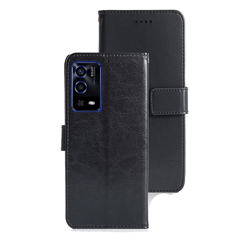 SS Leather Finish Vintage Flip Flap Cover Case for OPPO A55BLACK
