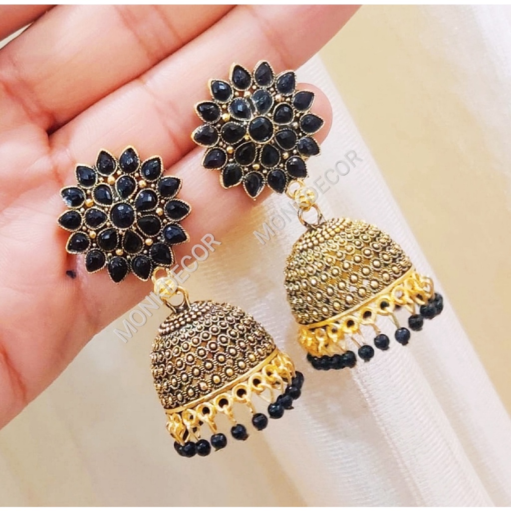 Sunflower Gold Jhumka For Girls and Women. (Black Color) | Shopee India