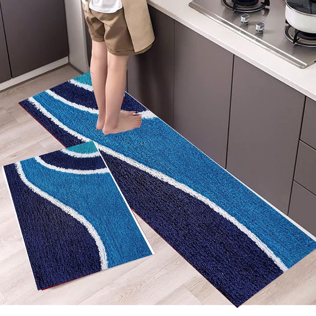 W 40 X L 60 CM BLUE CREAM Heavy Duty Door Mats Non Slip Washable Indoor Kitchen Floor Mat with Jute Backing 