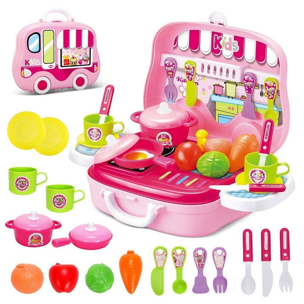 Little Chef Pink Kitchen Set Toy For Kids With Suitcase & Wheels ...