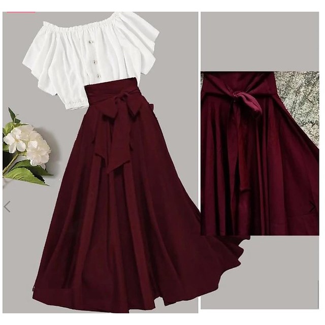 maroon colour skirt and top