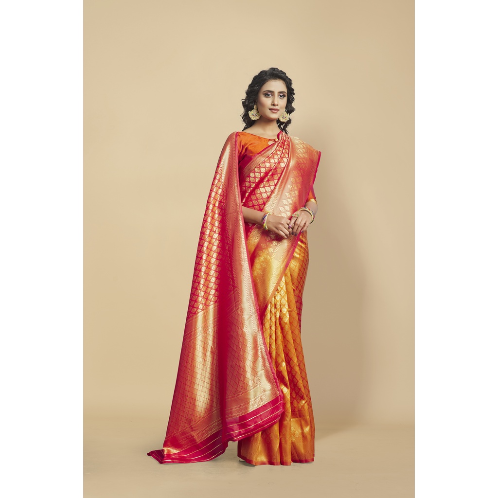 Fabulous Wedding Wear Bridal Litchi Silk Woven Kanchipuram Half Half Saree For Woman With Unstitched Running Blouse Piece With The Sari By Maharani Sarees Shopee India