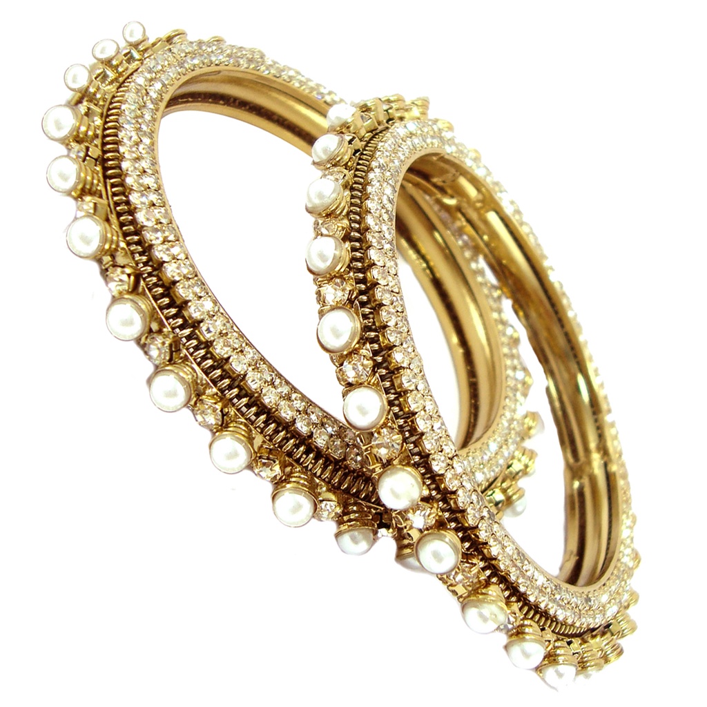 Biyu Antique Style Dull Gold Plated Pearl CZ 2pc Bangles for Women/Girls 