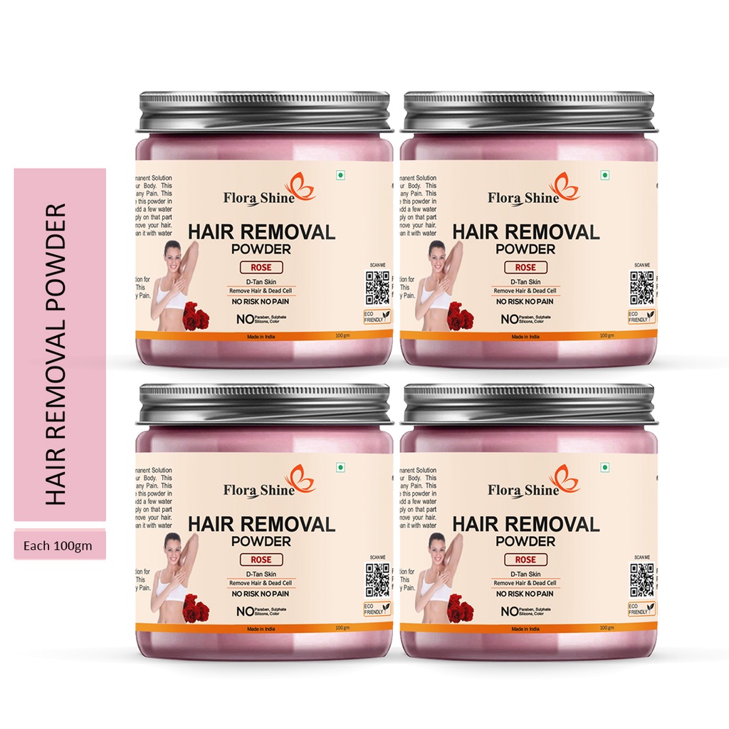 Flora Shine Hair Removal Powder (Rose Fragrance ) For Underarms Men & Women 100 gm Pack of 4 jar