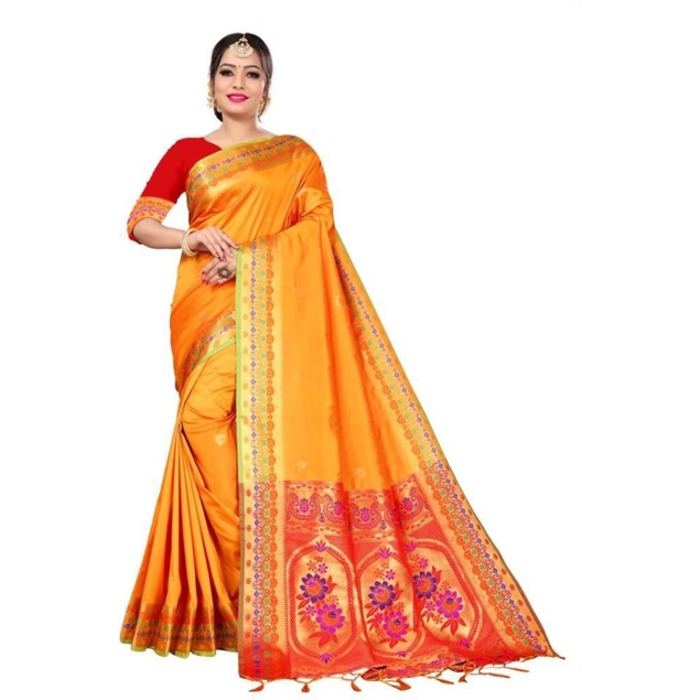Woven Thanjavur Pure Silk Saree (Orange) | Shopee India