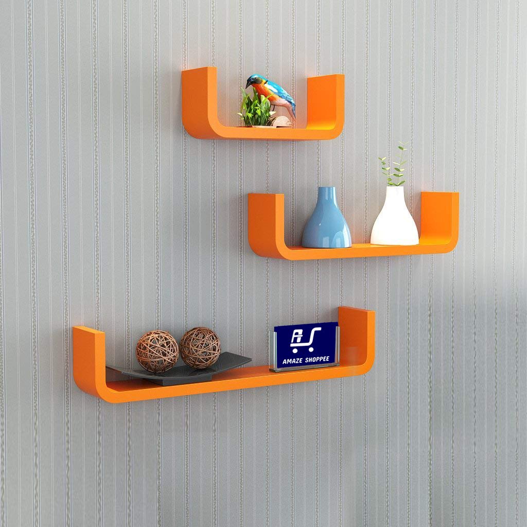 MDF Floating Wall Shelf Set of 3 U Shape Round Corner MDF Wall Racks
