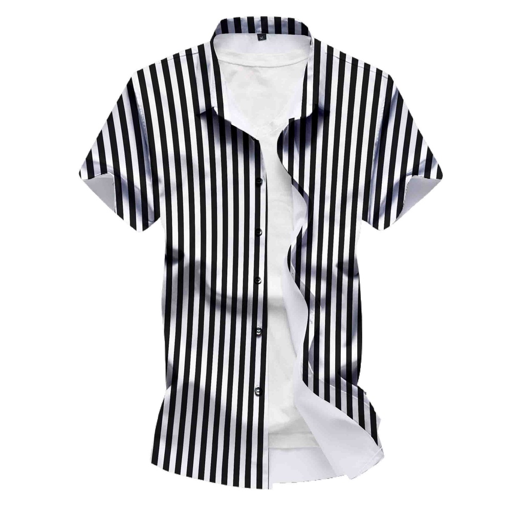 mens black and white striped button up