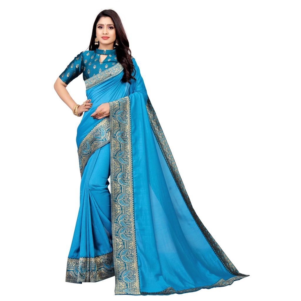 Panchhi Enterprises Vichitra Saree With Jacquard Lace Tblue Shopee India