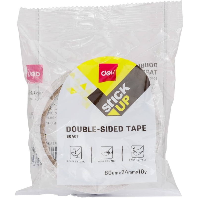 Deli Strong Adhesive Transparent Multipurpose Double Sided Tape Sleek Design For Strong Strength Bonding Between Any Surface Cardboard Wood Glass Metal Paper Sheets Plastic Easy To Peel Liner And Stick 24mm 1roll Bag