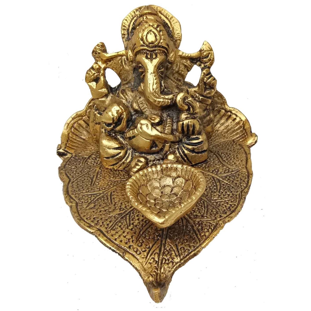 Ganesh Leaf Incense Burner ~ White Metal w/ Ornament